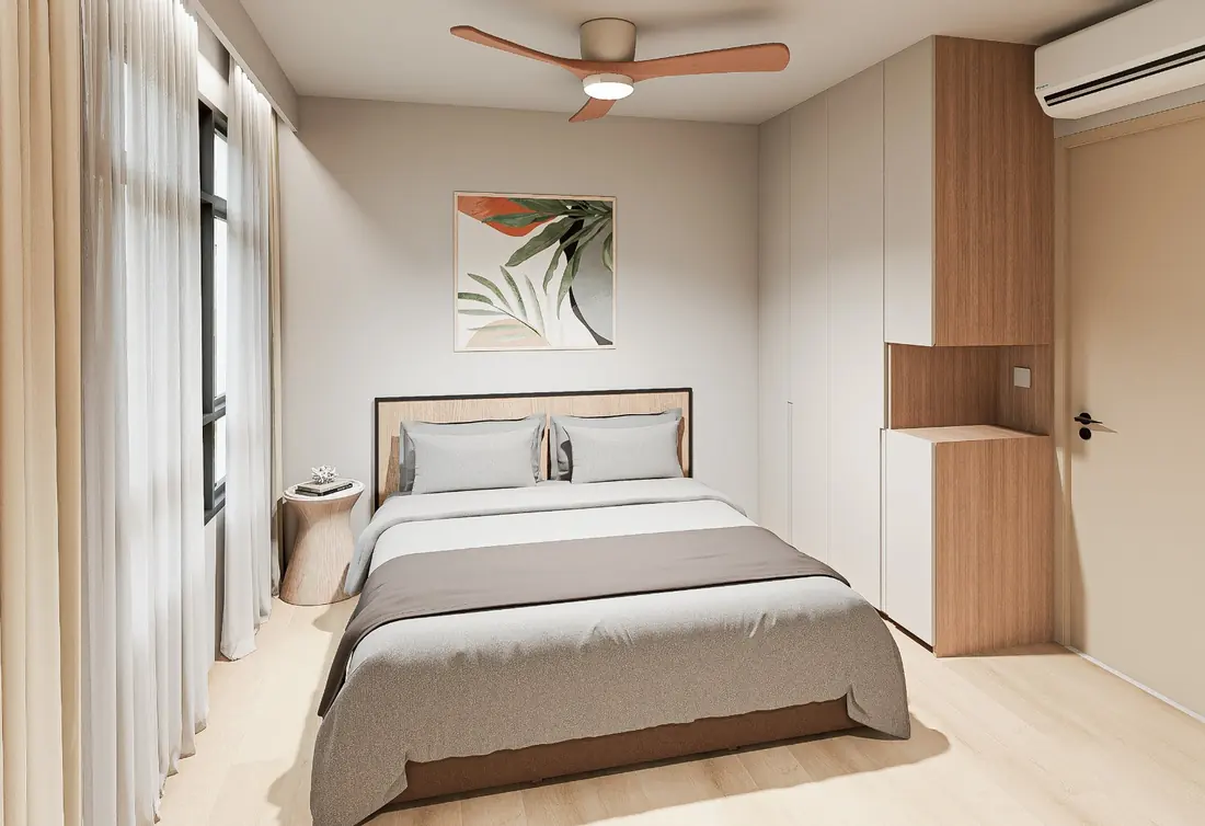 Second bedroom with built-in wardrobe in matching Japandi palette