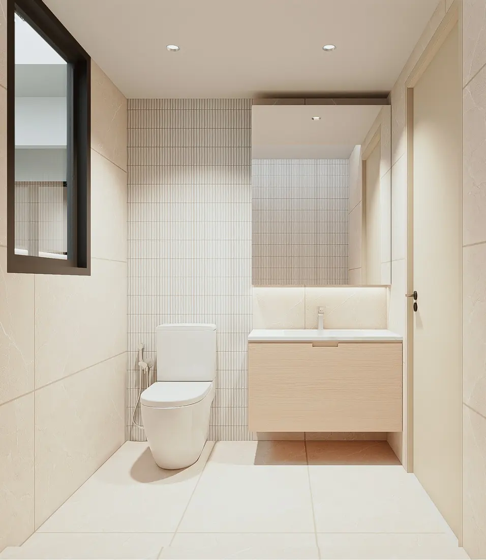 Common bathroom with floating vanity and backlit mirror