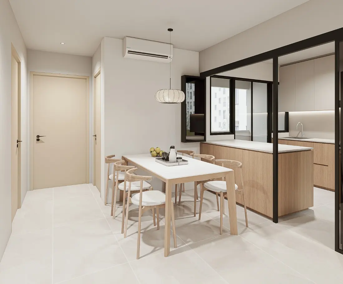 Dining area opening into the kitchen behind a black-framed glass partition