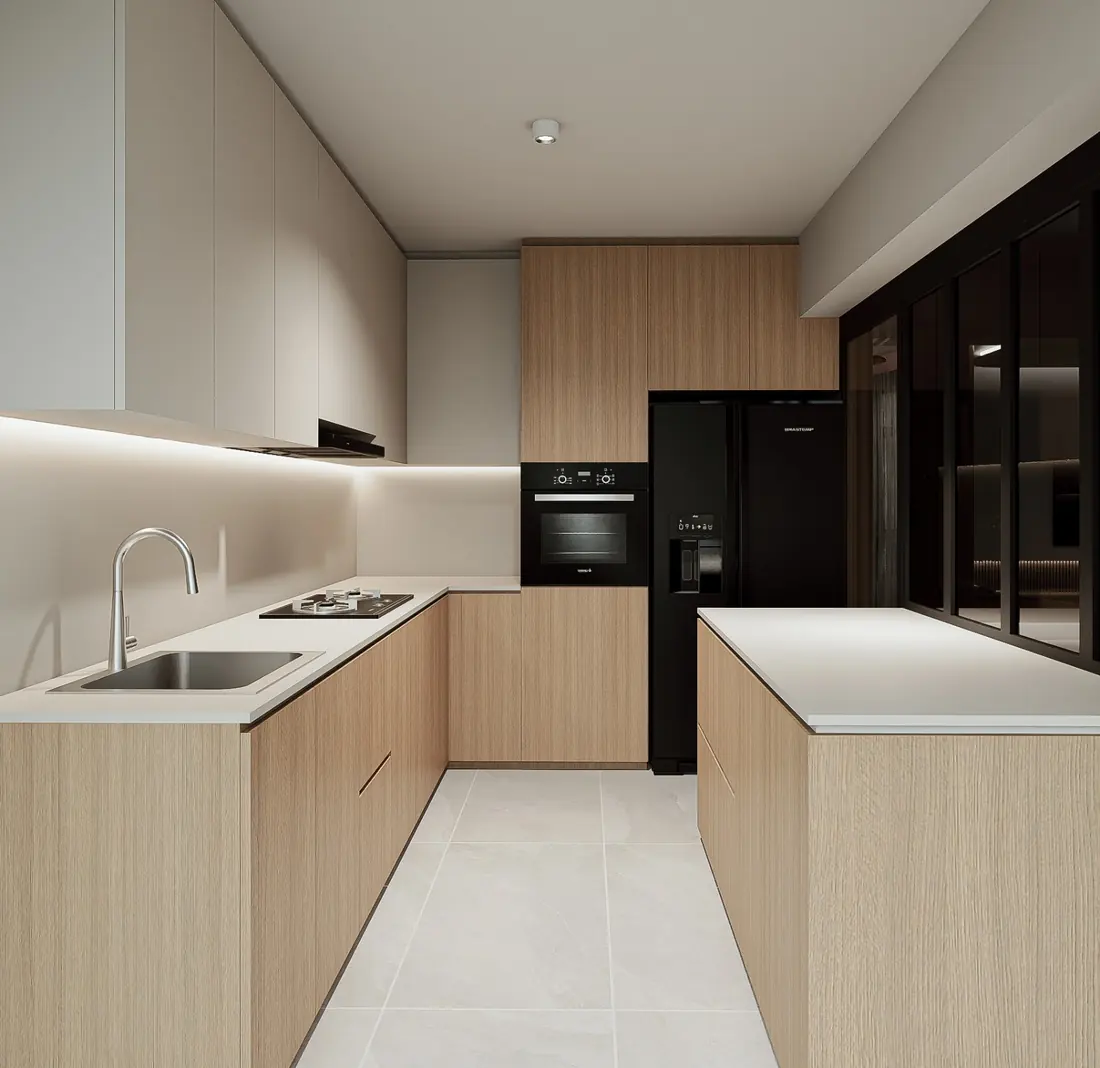 L-shaped kitchen with oak laminate cabinetry and quartz island counter
