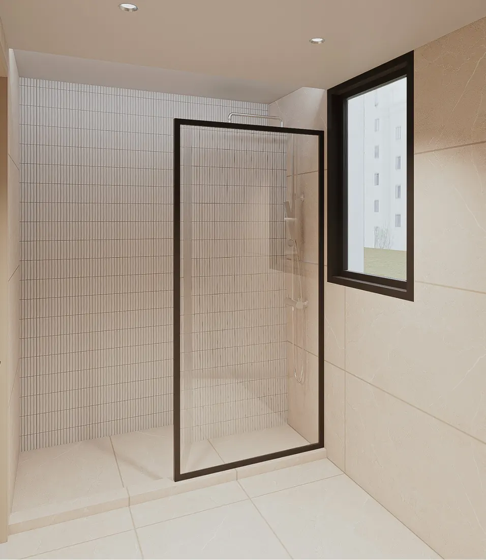 Master bathroom with walk-in glass shower and window