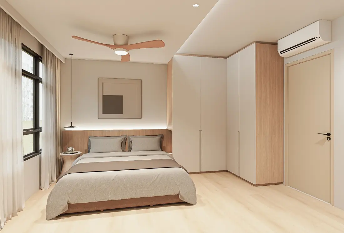 Master bedroom with wood-toned headboard wall and full-height wardrobe