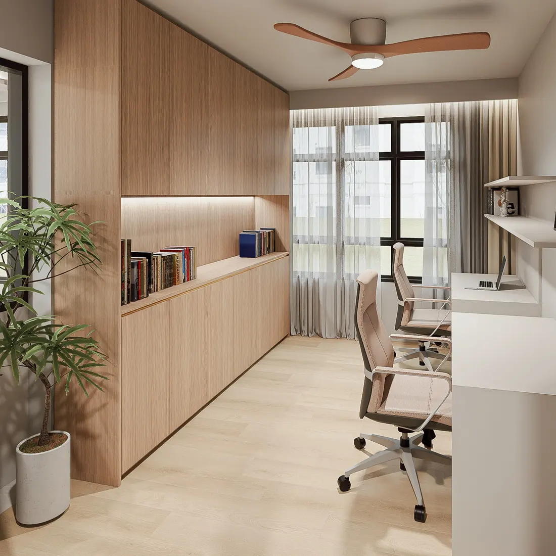 Study room with built-in shelving, desk and ergonomic chairs